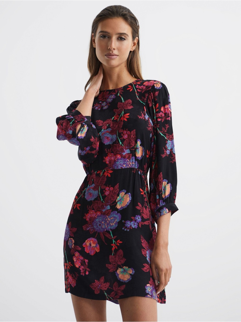 Reiss Paulina Fitted Floral Print Mini Dress in Black/Pink Viscose Size 6